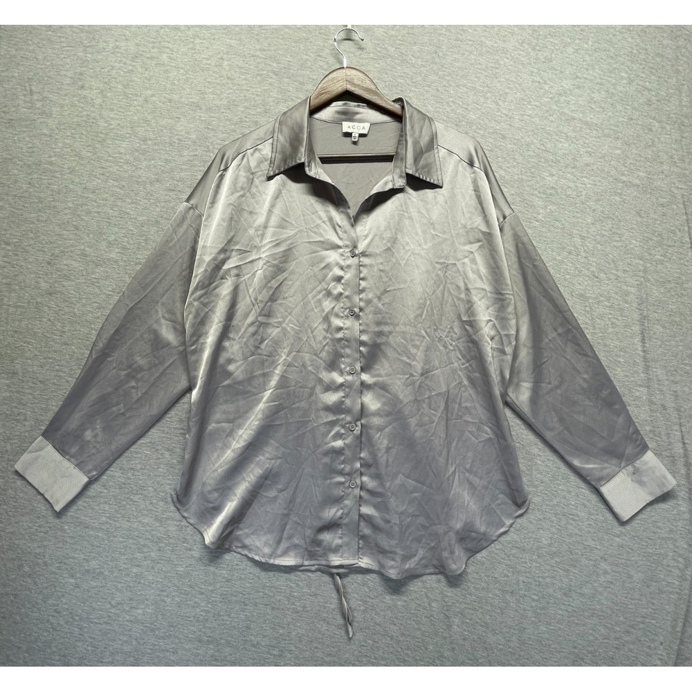 ACOA Satin Blouse Top Womens Large Silver Gray Stretch Cinched Back Button Front